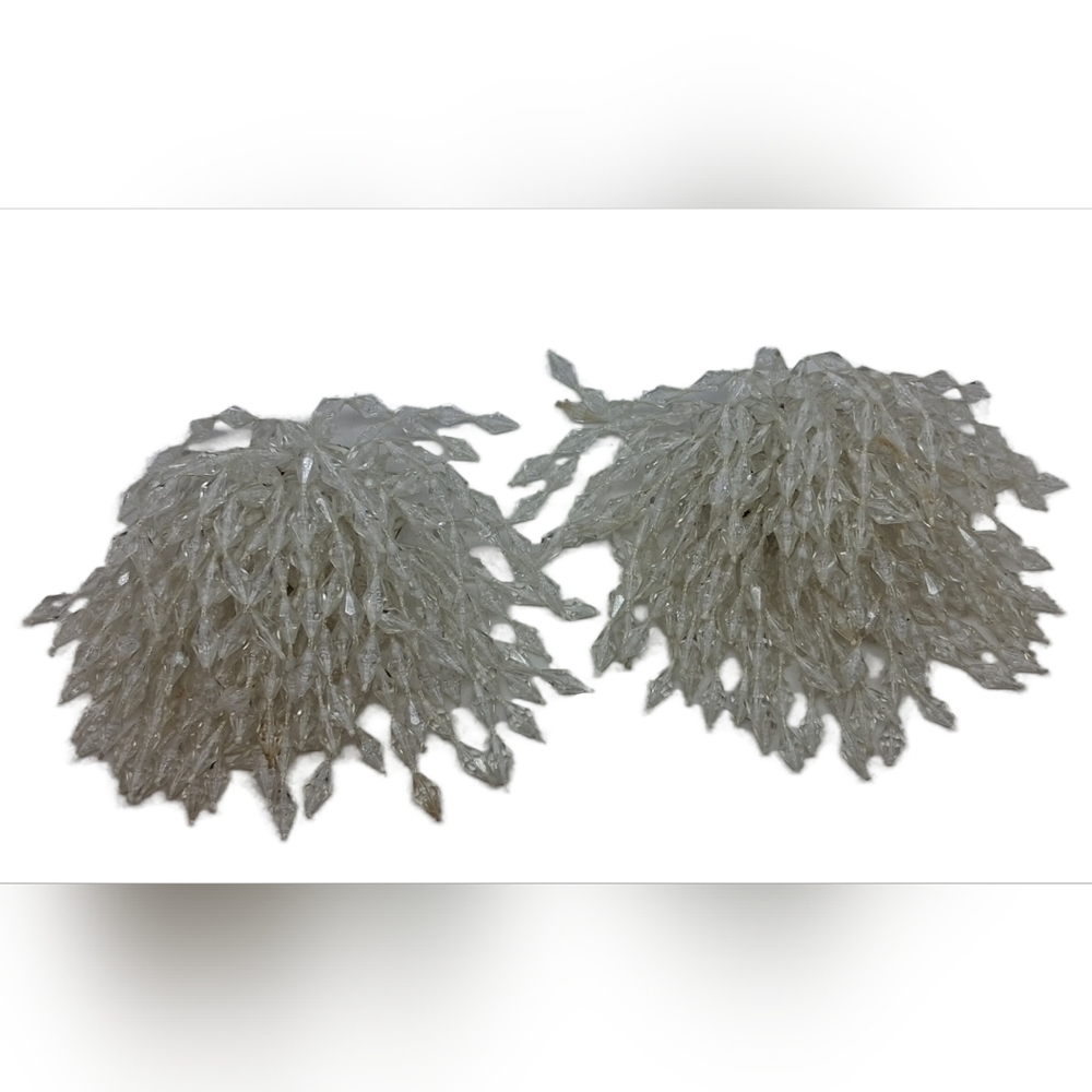 Vintage Mid-Century Tiered Clear Beaded Shoe Clips Shag Pom Pom